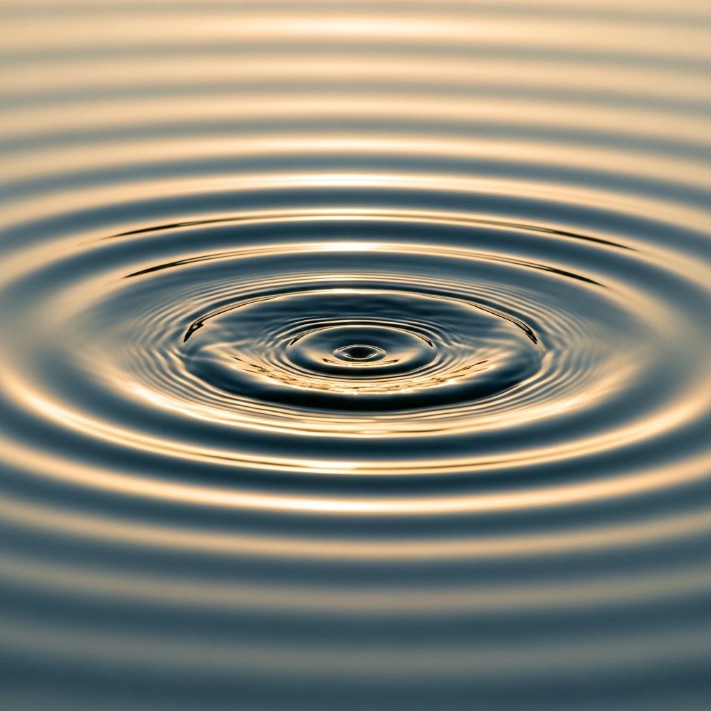 Close-up of concentric ripples spreading across a still pond surface in soft golden afternoon light, representing sound wave propagation through a medium